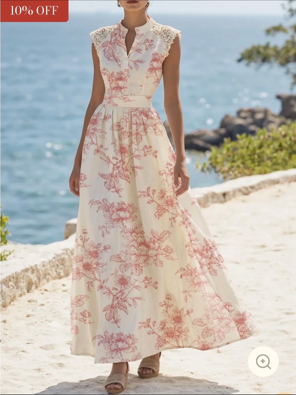 Floral Lace-Trim Cream Maxi Dress with Pink Print